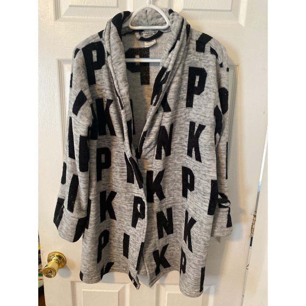 Victoria's Secret PINK Robe Gray Black Logo Plush Fleece Sleepwear XS S
